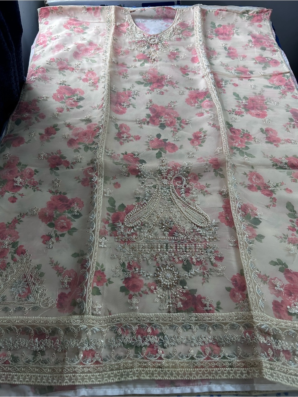 Pakistani Embroidered organza with silk lining 4 pc suit (customized stitching)